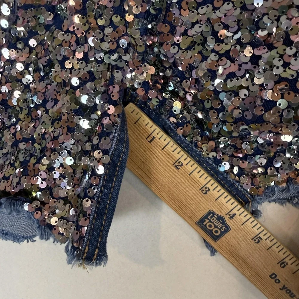 Justice Shorts Girls 14 Blue High Rise Midi Sequin Denim Cutoff Frayed Hem